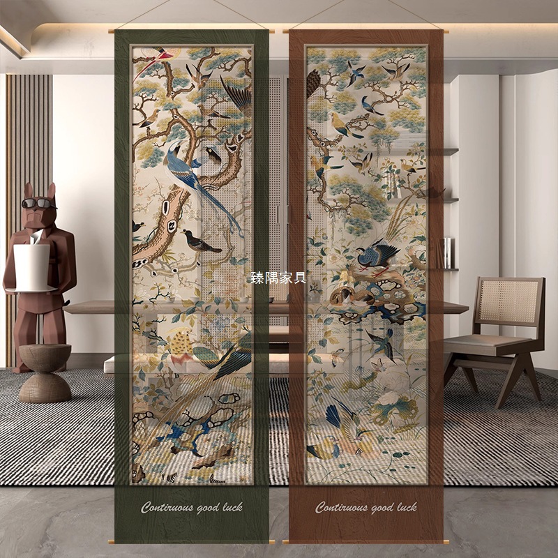 Nuevo estilo chino de pájaros de flores de flores semipermeables cortina de tela larga colgante de tela atmósfera sala de té sala de té cortina de partición decoración de sala
