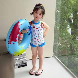 Girls Swimsuit 2025 New Style Girls Long-Sleeved One-Piece Swimsuit for Small and Medium-Sized Children Sun Protection Seaside Vacation Cartoon Swimsuit