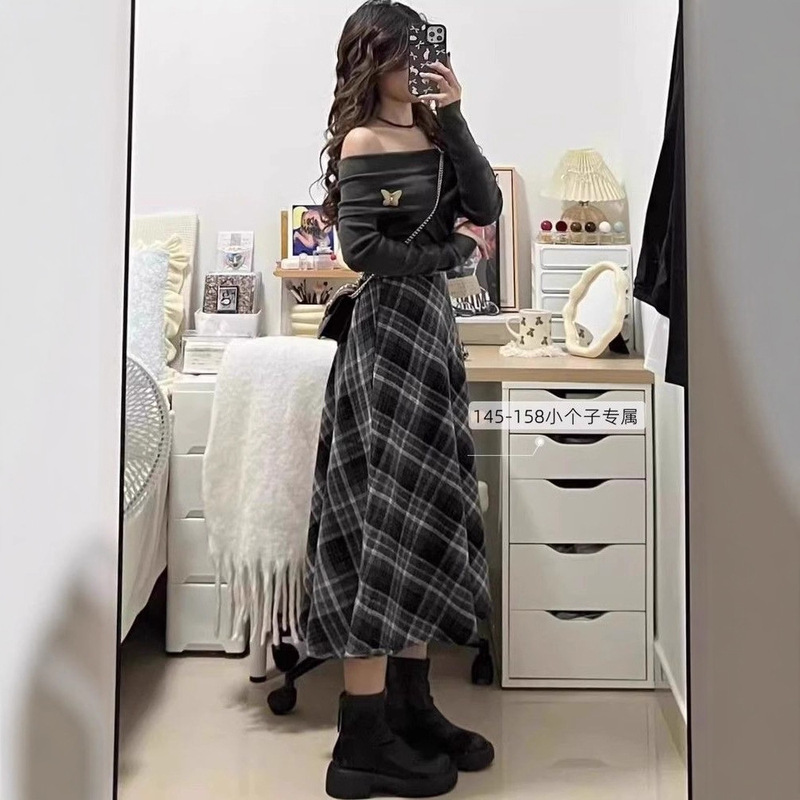 毛呢格子半身裙女秋冬小个子2025新款松紧腰卡其色中长款a字伞裙|undefined