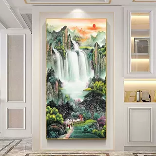 2023新款5d钻石画满钻流水生财玄关竖版风景点砖十字绣手工山水画