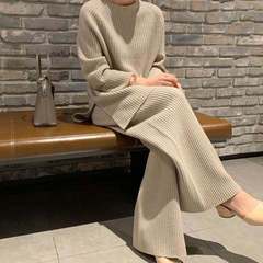 大码女装欧美时尚针织套装女秋冬新款气质宽松毛衣阔腿裤两件套女