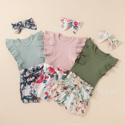 Amazon New Summer Infant and Toddler Clothing Lace Sleeveless Bib Waistband Shorts Headband Children's Clothing Set