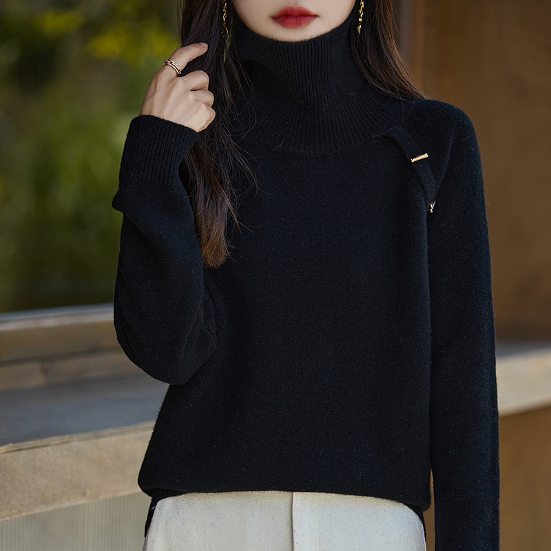Autumn and winter 2024 new pure wool turtleneck sweater shoulder metal buckle loose solid color pullover base shirt women