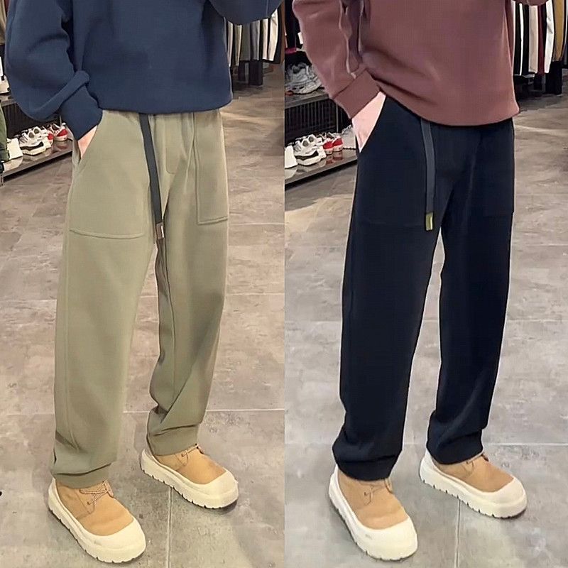 冬季户外防风耐磨保暖软壳加绒休闲裤男工装口袋简约纯色直筒卫裤