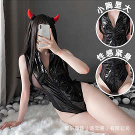 欧美外贸漆皮PU诱惑皮革镜面情趣内衣性感女拉链过裆夜店连体皮衣