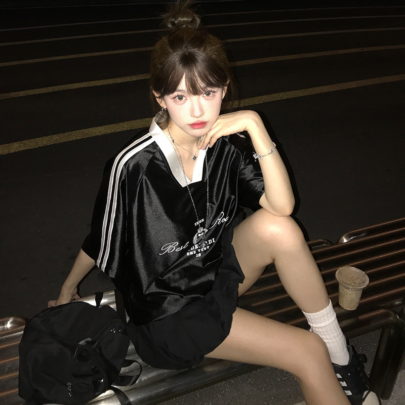 American Style Retro Bright Satin Jersey Short-sleeved T-shirt Women's Summer Fashion Brand Design Niche Printed Top