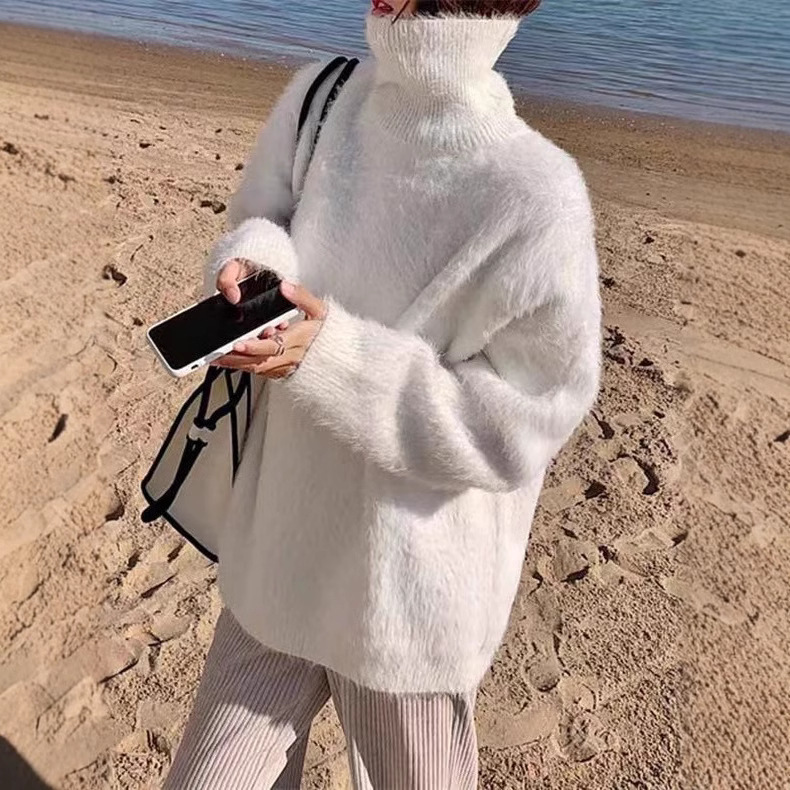 Weicher und gemütlicher Pullover mit hohem Halsausschnitt – flauschiger Strickpullover aus Nerzimitat für Damen, übergroße, lockere Passform, warmes Winter-Layering-Essential_voghion.com
