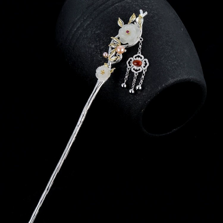 Китайская hairpin нефрит с кисточками, чамсан, ханфу, современная прическа, зажим для волос, 925 образец серебра