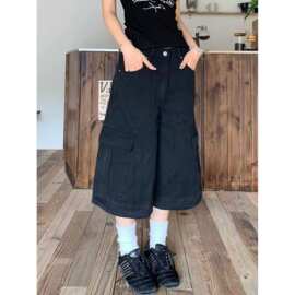 美式vibe大码水洗牛仔工装裤七分裤女街头直筒宽松显瘦阔腿中裤潮
