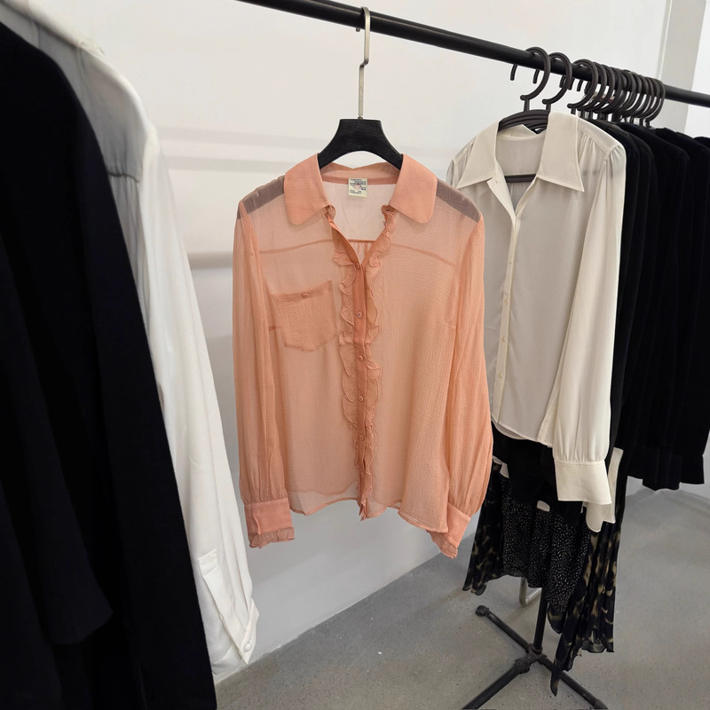 Last Order Silk Lapel Pleated Ruffle Fashion Loose Lace Long-Sleeved Shirt