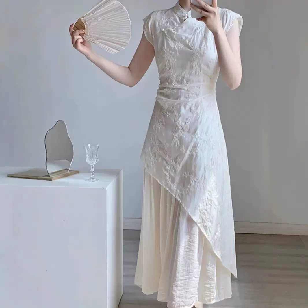 新中式刺绣立领连衣裙女2025新款收腰不规则中国风改良旗袍连衣裙