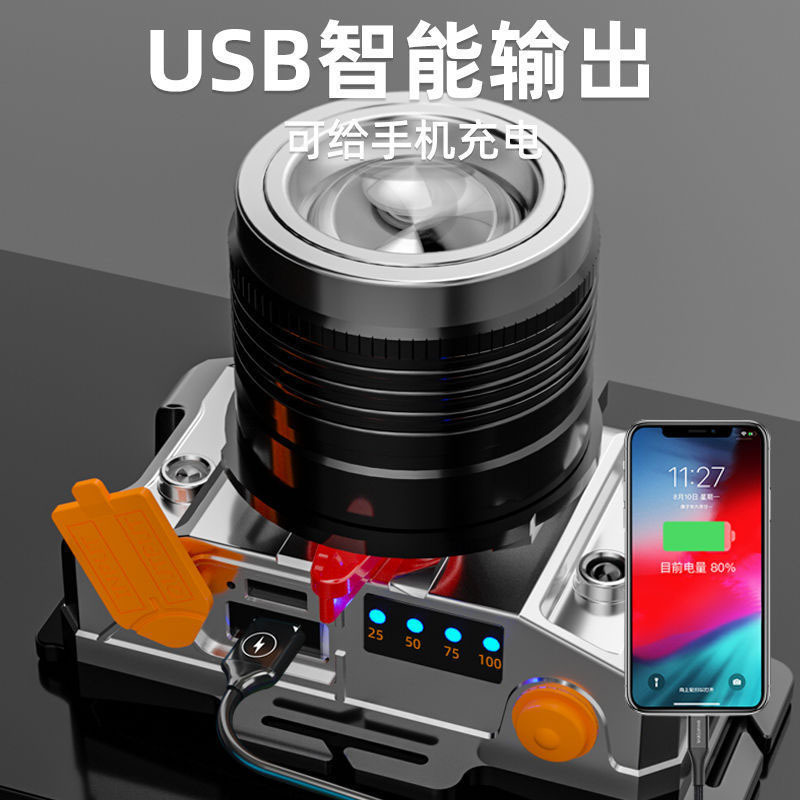 Luz de cabeza al aire libre alta luz de largo alcance USB carga zoom LED auricular tricolor atenuación inductiva luz blanca luz amarilla luz azul