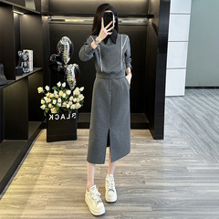 欧品の高級感のファッションのスーツのスカートの女性の春はやせている気質の灰色のカジュアルなパーカーの半身のスカートの2つのセットを現します。