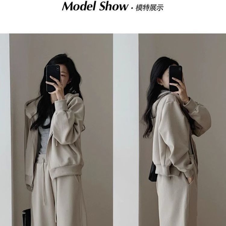 秋冬休闲卫衣运动套装女时尚港风显瘦减龄阔腿裤连帽跑步两件套潮|undefined