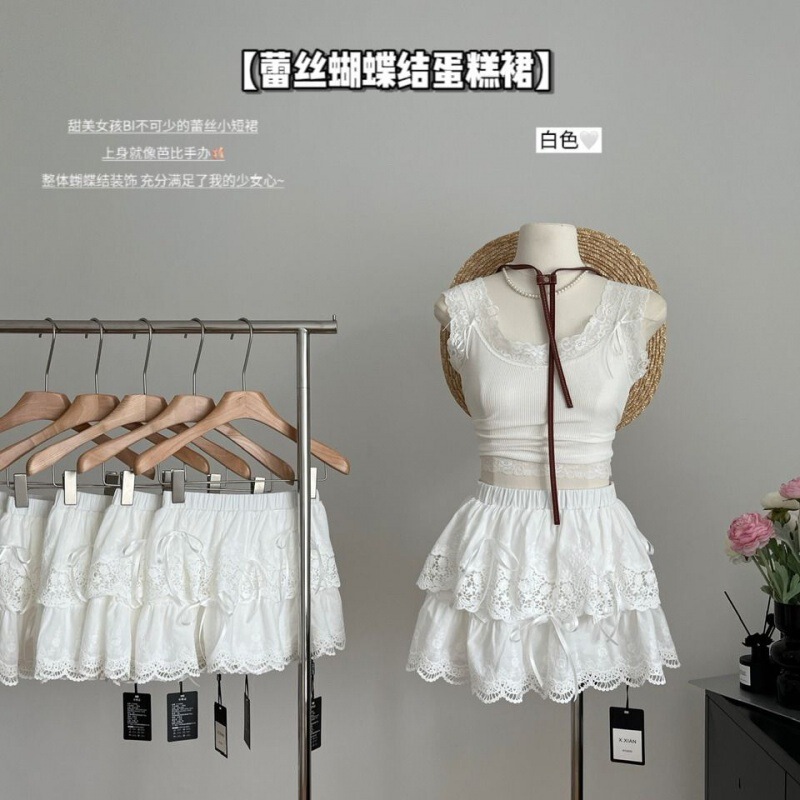 French Bow Lace Cake Women's White Summer Ballet Puff Skirt Elegant High Waist Slimming Skirt French Bow Lace Cake Women's White Summer Ballet Puff Skirt Elegant High Waist Slimming Skirt