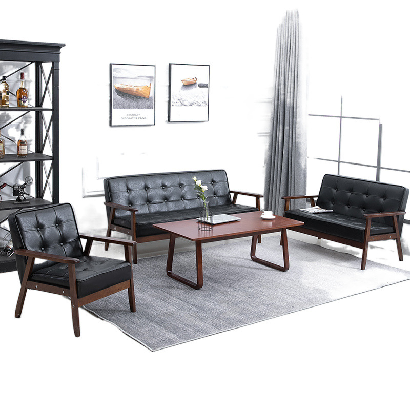Madera sólida nórdica moderna y simple sofá de cuero para tres personas sala de estar sofá doble tipo pequeño