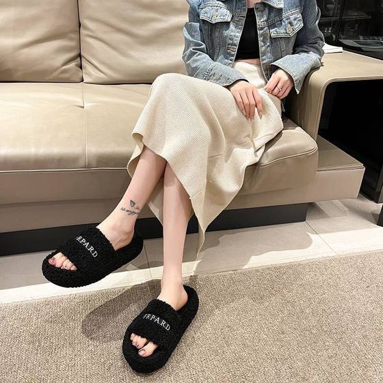 Socialite Style Letter Mao Mao Slippers Thick Bottom Outer Wear Fashion All-match New Women's Home Cotton Slippers for Autumn and Winter 2024