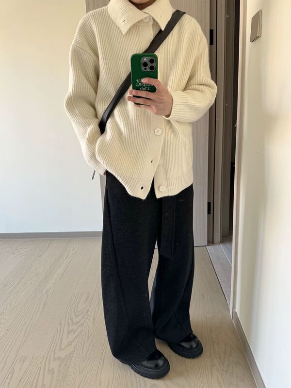 设计感高领立领针织开衫毛衣外套女秋冬季宽松慵懒风加厚翻领上衣|undefined