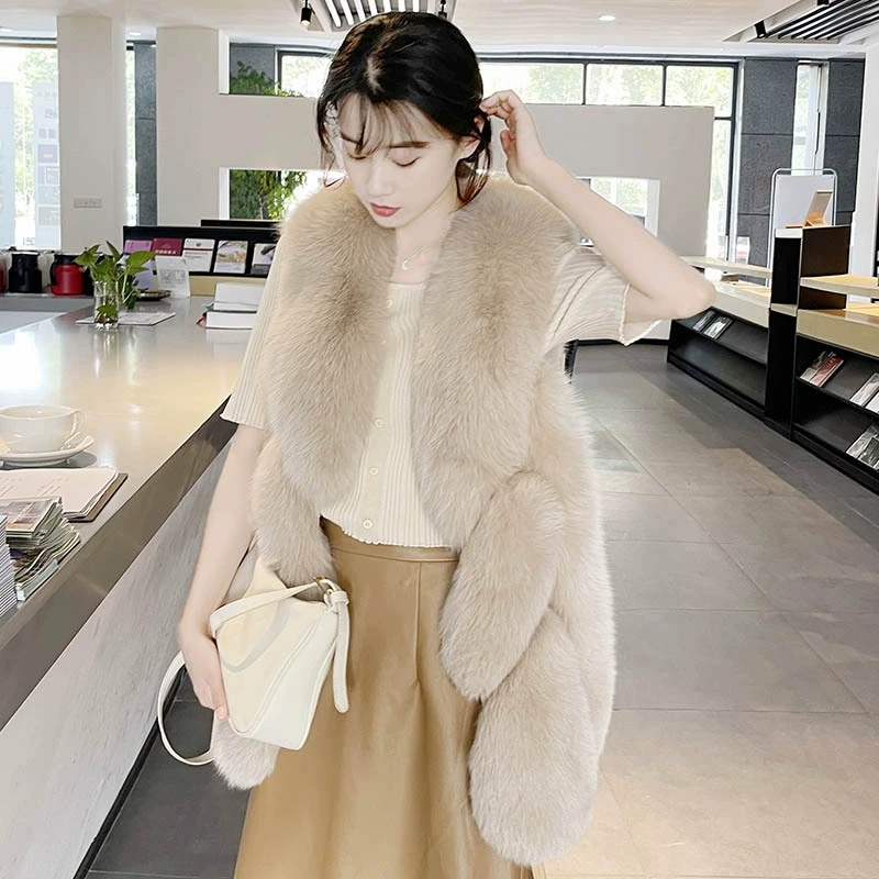 Производители меха оптом 2023 осень и зима Новый шерстяной жилет женский жилет средней длины с имитацией лисьего меха