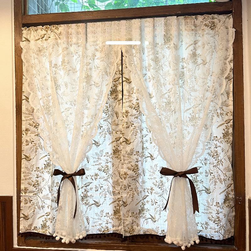 American-Style Bird Double-Layer Blackout Curtain with Translucent Lace, Pom-Pom Tassels, Vintage Short Curtain, No-Punch Door Curtain Adhesive