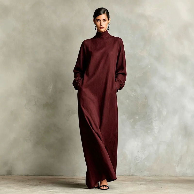 2026 cross-border European and American autumn/winter new linen high-neck long-sleeve long dress, loose, simple, casual style