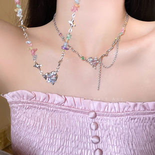 Colorful Gravel Heart Necklace Women's Summer Dopamine Design Clavicle Chain Sweet Cool Sexy Style Necklace Accessories