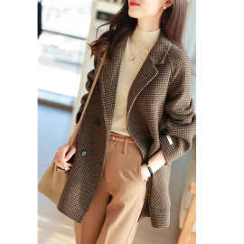 千鸟格复古毛呢外套女2025春秋遮肉显瘦气质西装领格子中长款大衣