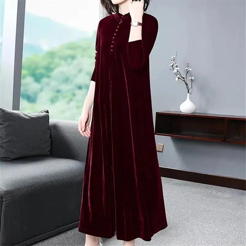 Plus-Size Velvet Long Dress, Slimming Autumn Style, Long-Sleeve Pullover with Buttons, 2026 New Winter Black Dress for Women Plus-Size Velvet Long Dress, Slimming Autumn Style, Long-Sleeve Pullover with Buttons, 2026 New Winter Black Dress for Women