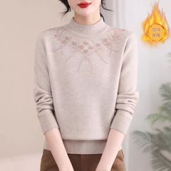 秋冬加绒毛衣女加厚一体绒内搭大码半高领套头打底针织衫保暖上衣