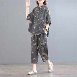 现货 2026棉麻套装女新款大码遮肉两件套印花复古气质女夏季套装
