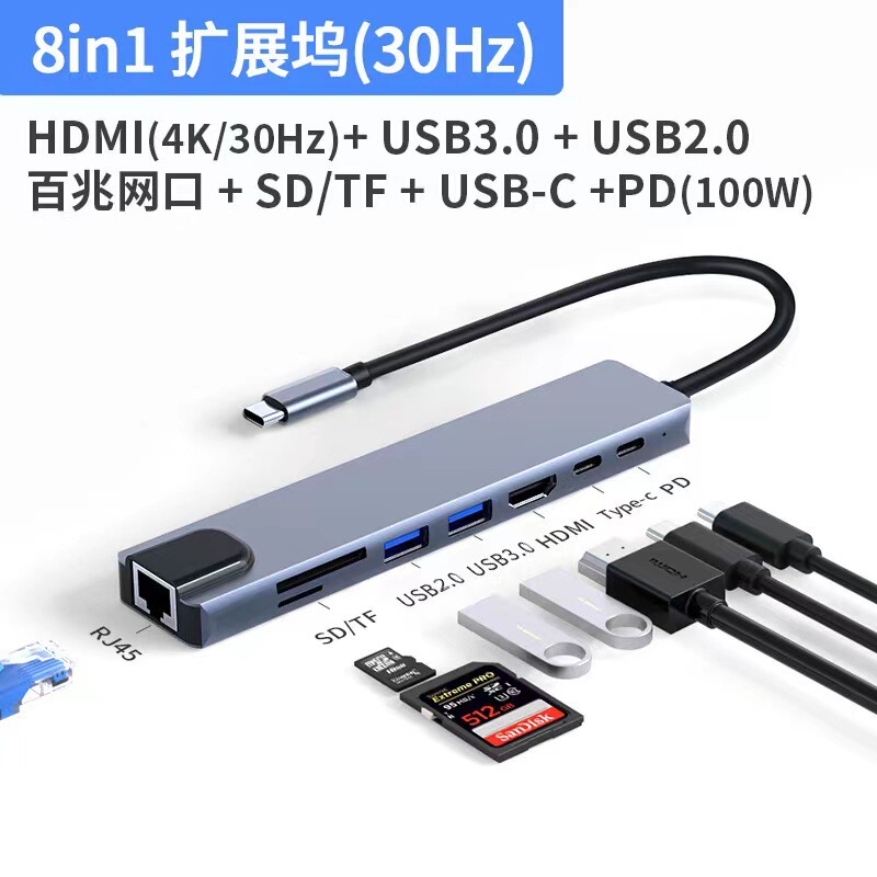 Eight-in-one docking station is suitable for Apple notebook mobile phone hub network Port USB card reader type-c expansion dock