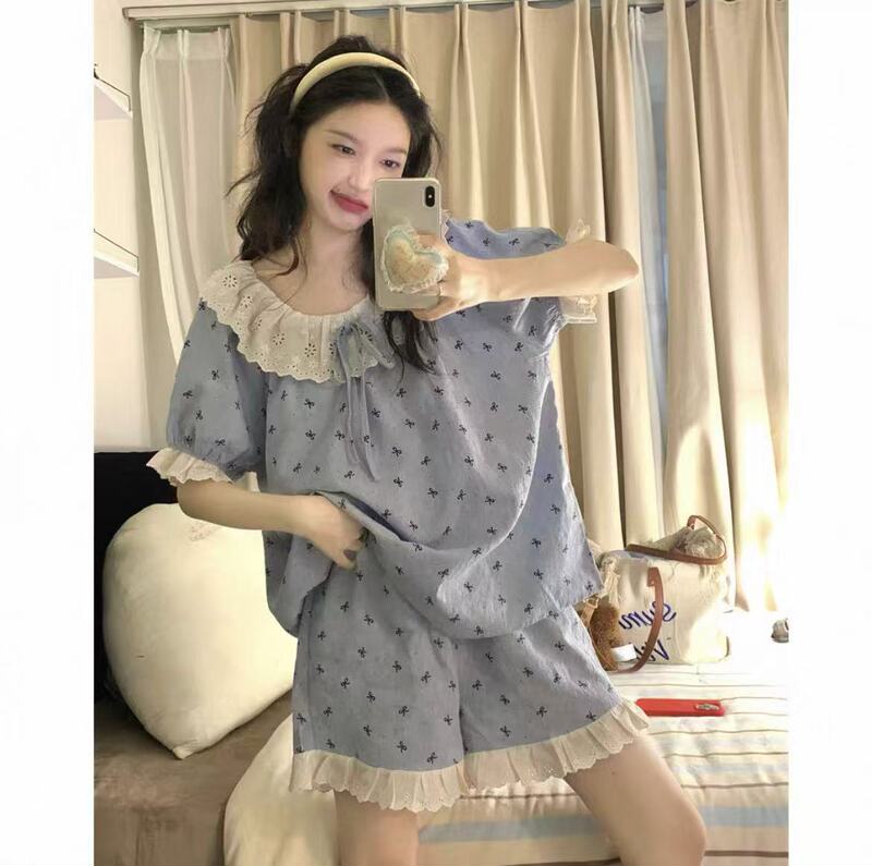 Bow Cloud Cotton Pajamas for Women Summer New Short-Sleeved Loose Can Be Worn Outside High-End Home Clothes Three-Piece Suit