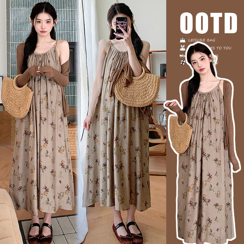 Maternity Wear Ready-Made Retro Oil Painting New Chinese Style Maternity Suspender Floral Dress Sun Protection Cardigan Two-Piece Set