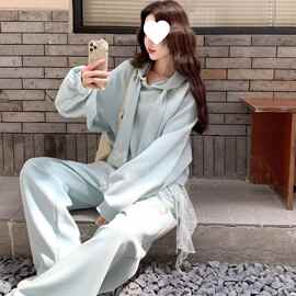 特大码300斤休闲连帽卫衣蕾丝套装女春秋胖MM高腰显瘦长裤三件套2