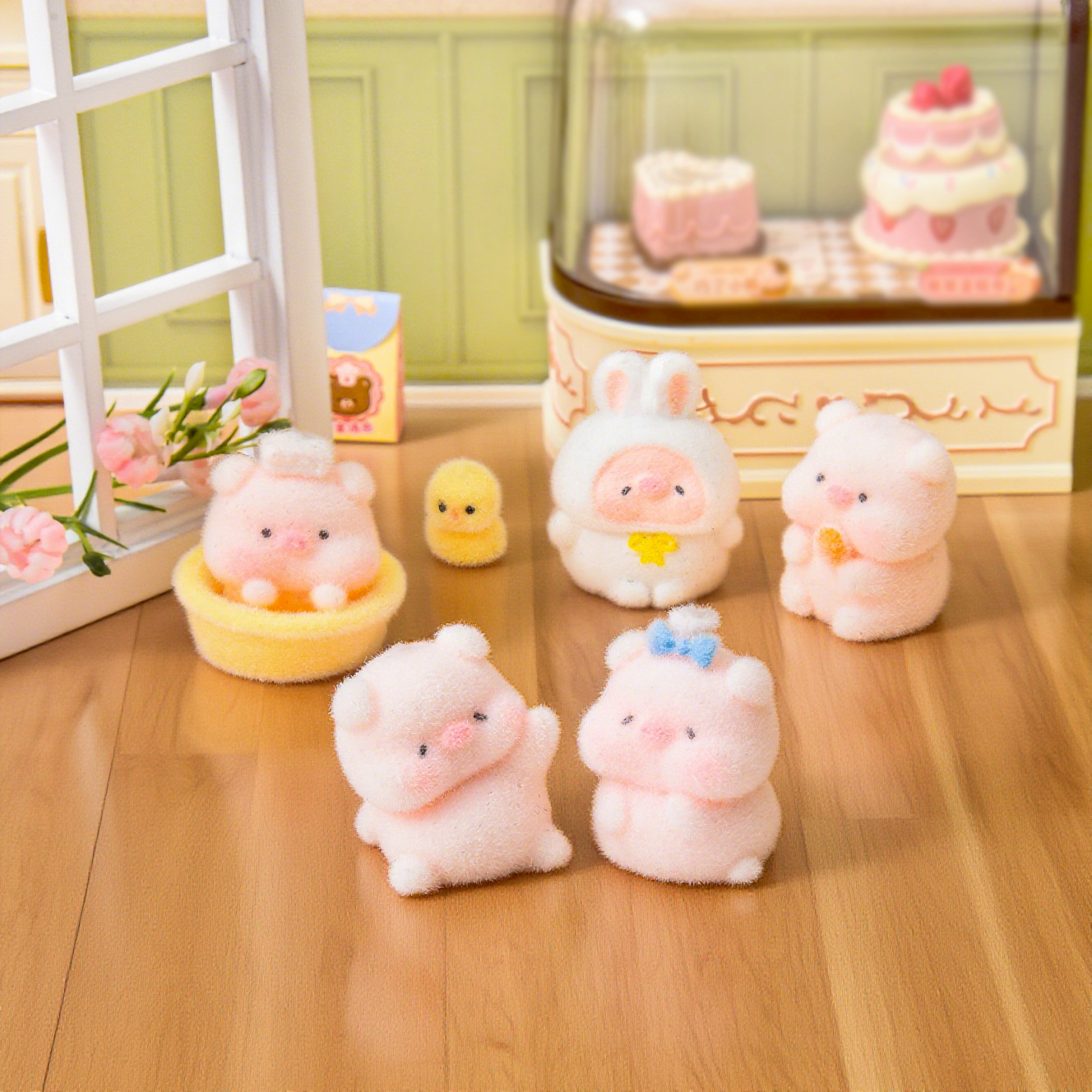 Nuevo flocado lindo cerdo rosa muñeca de escritorio de oficina creativa automóvil de resina hecha a mano artesanía ornamentos