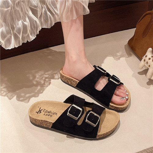 2025 Summer New Thick Sole Birkenstock Shoes for Women, Unisex Matchable Couple's Outdoor Wear Cork Slides with Soft Sole and Double Buckle Straps