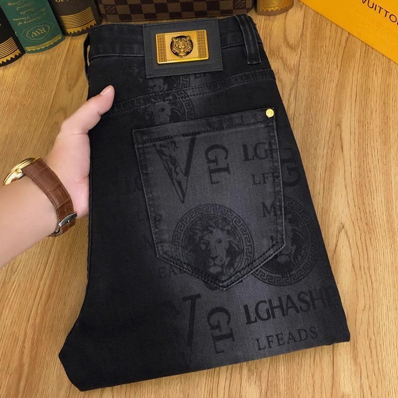 High-End European Black Jeans Men's Printed Elastic Slim Fit Small Feet 2025 Autum New Casual Long Pants