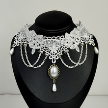 热销项饰白色蕾丝珍珠合金流苏项链复古宫廷新娘颈链choker锁骨链