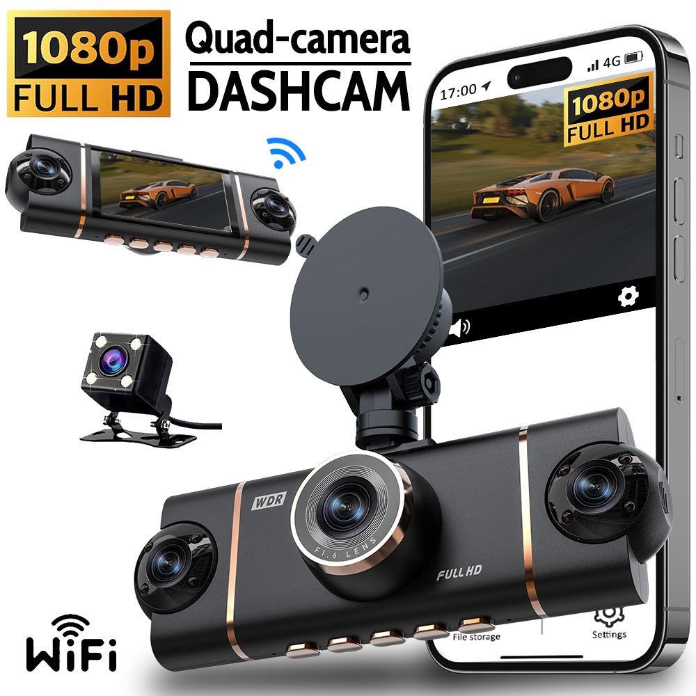 Cross-border bestseller 1080P four-lens dashcam with simultaneous display and recording, WiFi, infrared night vision, ultra-thin model