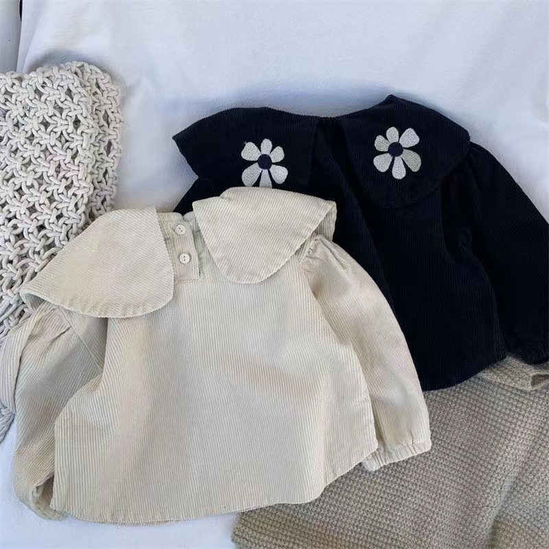 Cuello con volantes flor grande ropa para niños otoño nueva primavera de las muchachas estilo coreano bordado puff manga larga camisa moda