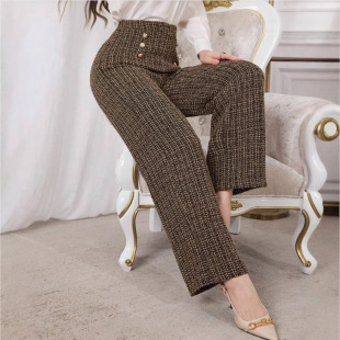 European and American Autumn and Winter New All-match Chanel Style Plaid Double-breasted Tweed High Waist Slimming Wide Leg Pants Women's Trousers