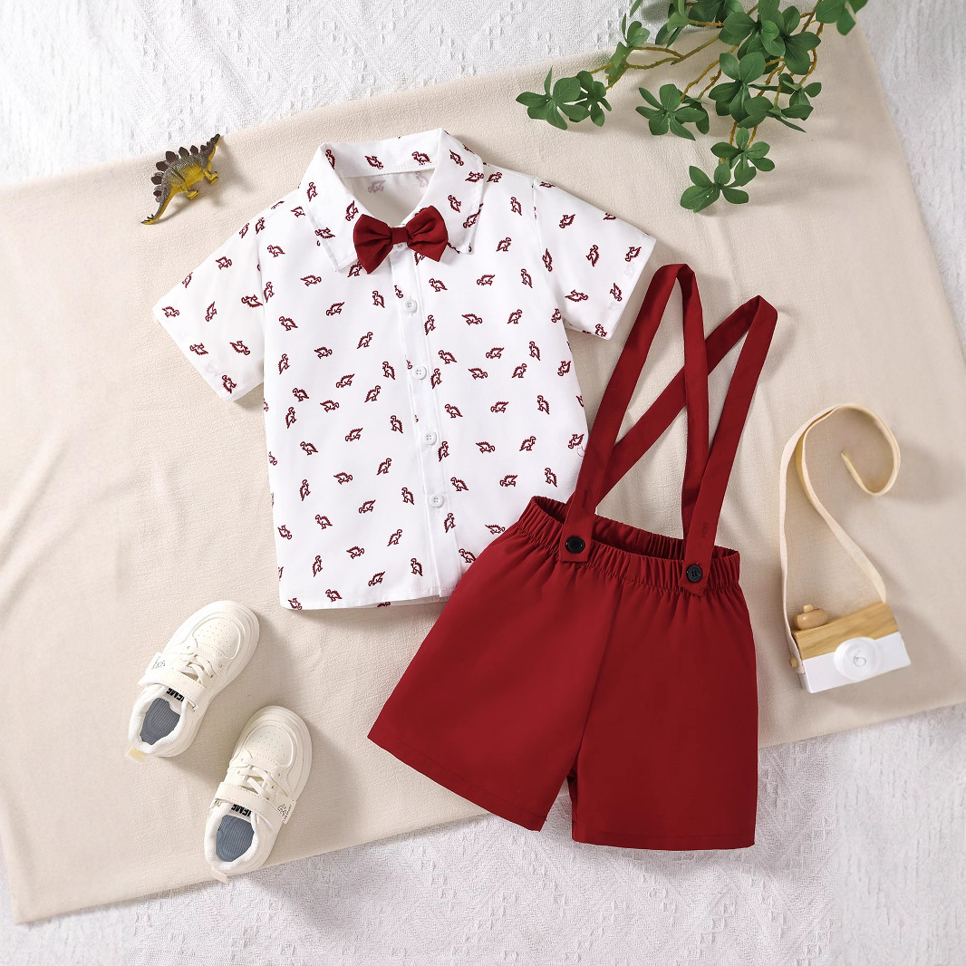 Cross-Border Children's Clothing Summer Children's Shirt Short-Sleeved Summer Clothing Baby Cartoon Print British Gentleman Dress Boy Suit