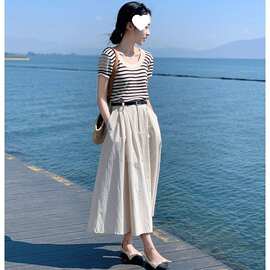套装女夏季两件套显瘦短袖领条纹短款上衣高腰中长款休闲半身裙