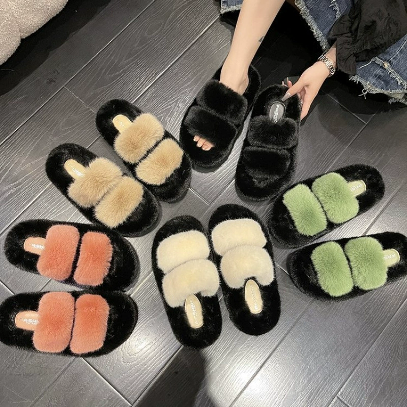 Сетка красная толстая подошва, увеличенная шерсть, тапочки, женская осень и зима 2024 новая корейская версия, чтобы носить интерьерный модный шерстяной ватный буксир