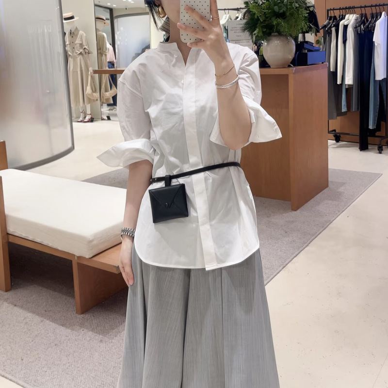 In-Stock Ed Series White Short-Sleeve Shirt for Women, Summer French Simple Commuter Stand Collar Slim Versatile Blouse Top