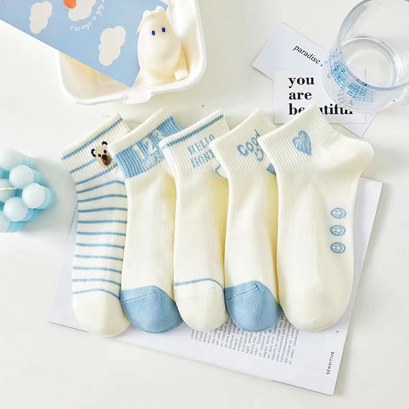 5 pares de calcetines para el cabello, transpirables y absorbentes de sudor para mujer, calcetines delgados con letras de dibujos animados, calcetines con lazo, malla de verano