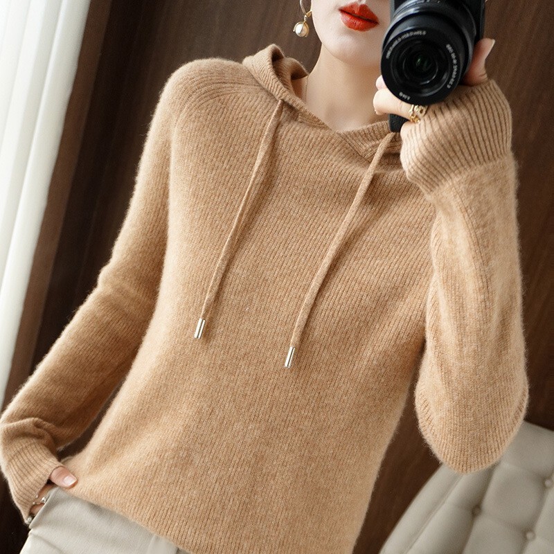 Clearance 100 Cashmere Sweater Spring European Hooded Wool Women's Hooded Thickened White Sweater Short Sweater Knitted Hoodie