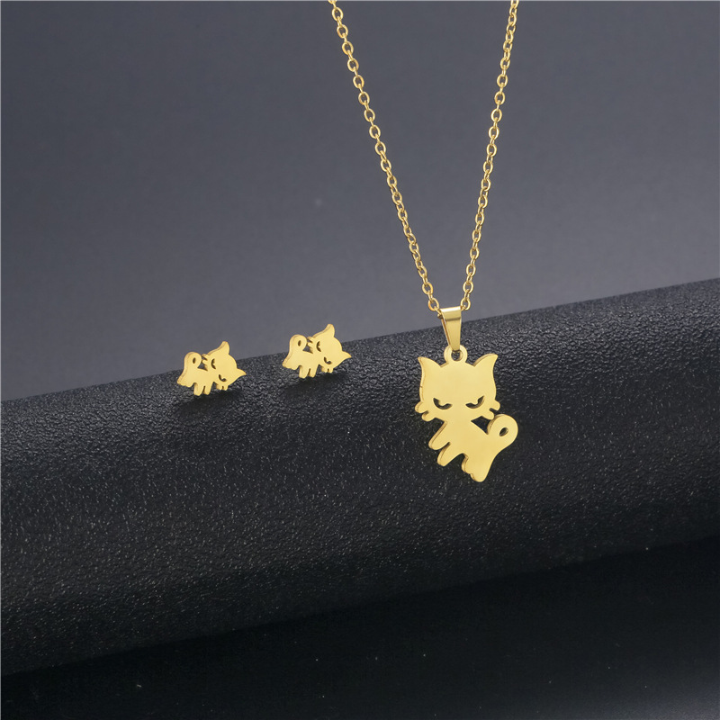 fashion cute kitten pendant stainless steel necklace ear stud set