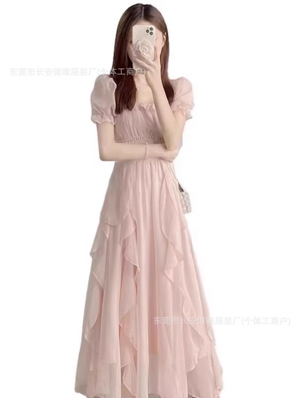 韓国版の新しい妖精サスペンダードレス、女性の夏の気質、ウエスト痩身、大きな裾のスカート、シフォンAラインロングスカート|undefined