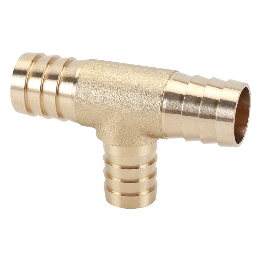 Тройник-редуктор Т-образный с равным диаметром, зеленый, для шлангов 4мм, 6, 8, 10, 12, 14, латунный фитинг с шипами для нестандартных трубок